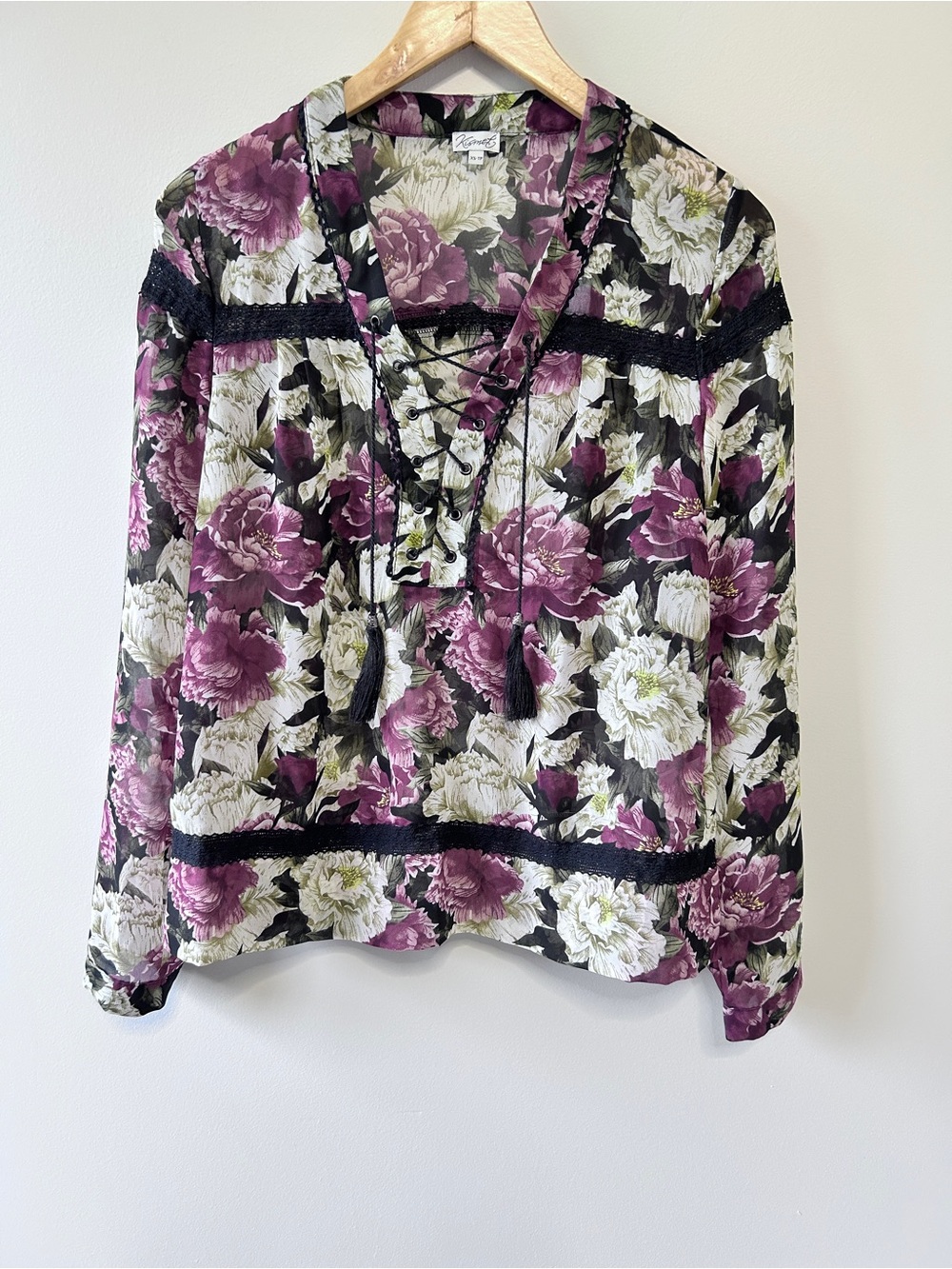 Kismet XS Floral Lace Up Blouse Purple Black Boho Tassel Peasant Top Sheer